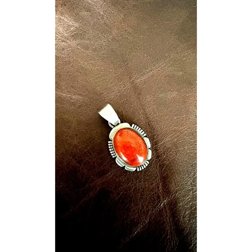 Navajo Sterling Silver Orange Red Cabochon Pendant Signed Hallmark Southwest